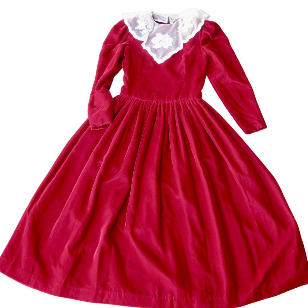 Vintage 80s Red Velvet Dress w Lace Collar Modest Size S Christmas Valentines